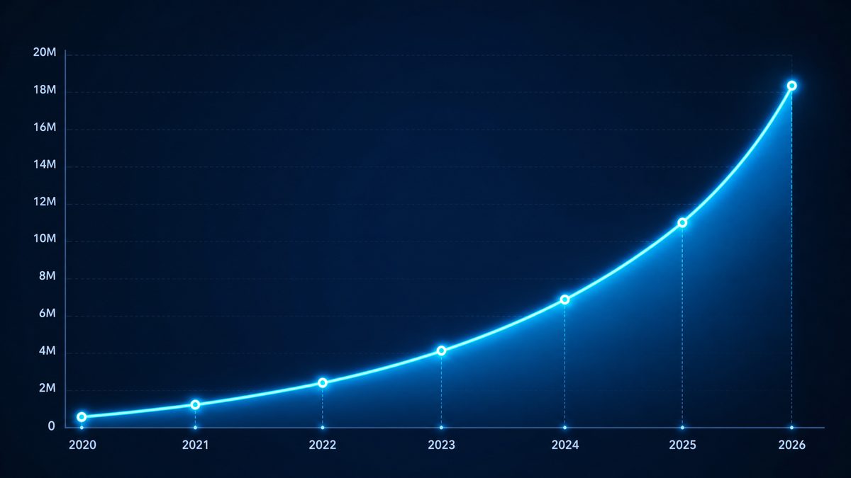 91黄用户增长数据图表,展示2020-2026年注册用户从50万增长至1800万的趋势